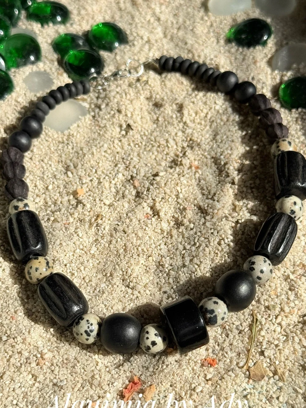 HIGH SUMMER + Black Faceted & Textured Beaded Necklace Dalmatian jasper